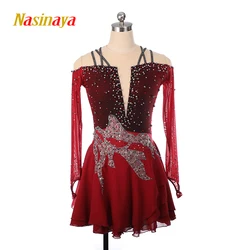 Nasinaya Figure Skating Dress Custom Competition Skating Skirt Girl Woman Burgundy Long Sleeve Gymnastics Performance Suit