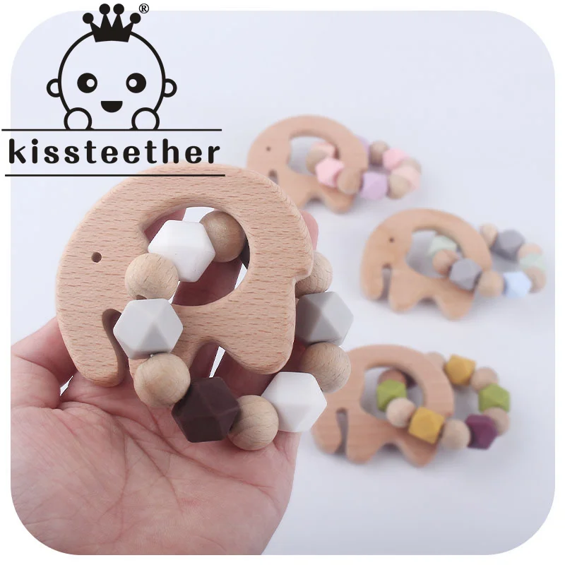 Kissteether New Style Wood Elephant Teether Hexagon Silicone Teething Beads Infant Beech  Bracelet Baby Molar Bath Gift