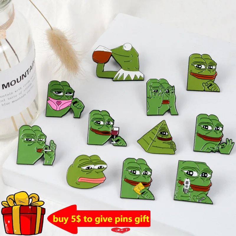 11Styles Animal Cartoon Pepe The Frog Meme Enamel Pins Shooting Pyramid Thinking Brooch Badge for Bag Lapel Gift for Friends