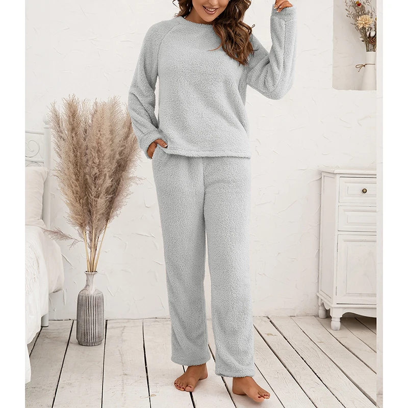 Women Pajamas Sets Fleece Winter Warm Sleepwear Casual Plush Solid Color Long Sleeve Tops Trousers Home Clothes Nightwear New