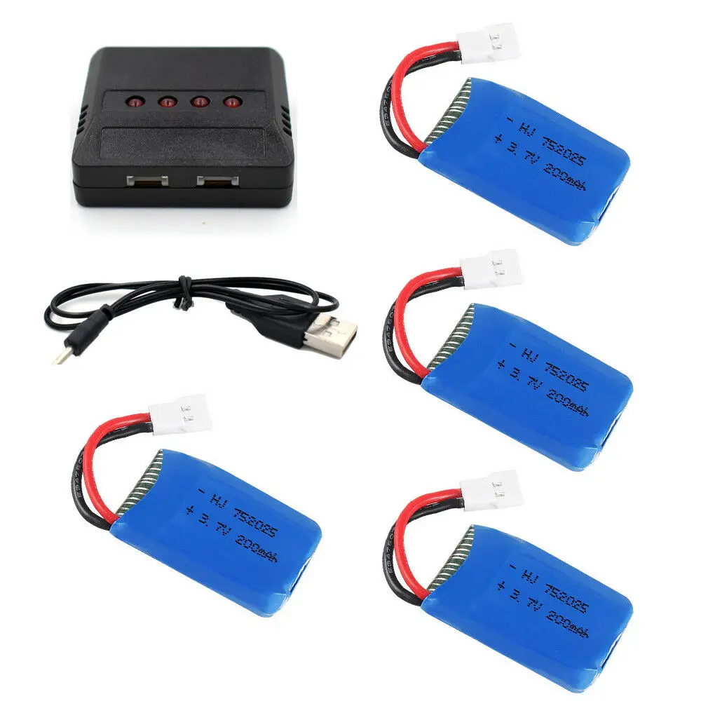 

4Pcs 3.7V 752025 200mAh 20C LiPo High Rate Battery +USB Charger 51005 Plug For Helicopter Quadcopter Toy Boat