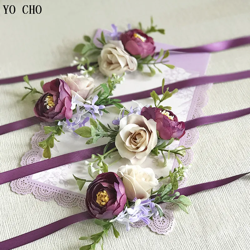 YO CHO Purple Wedding Bracelet Groom Boutonniere Wedding Corsage and Women Brooch Flore Wedding Marriage Corsage Bracelet Flower