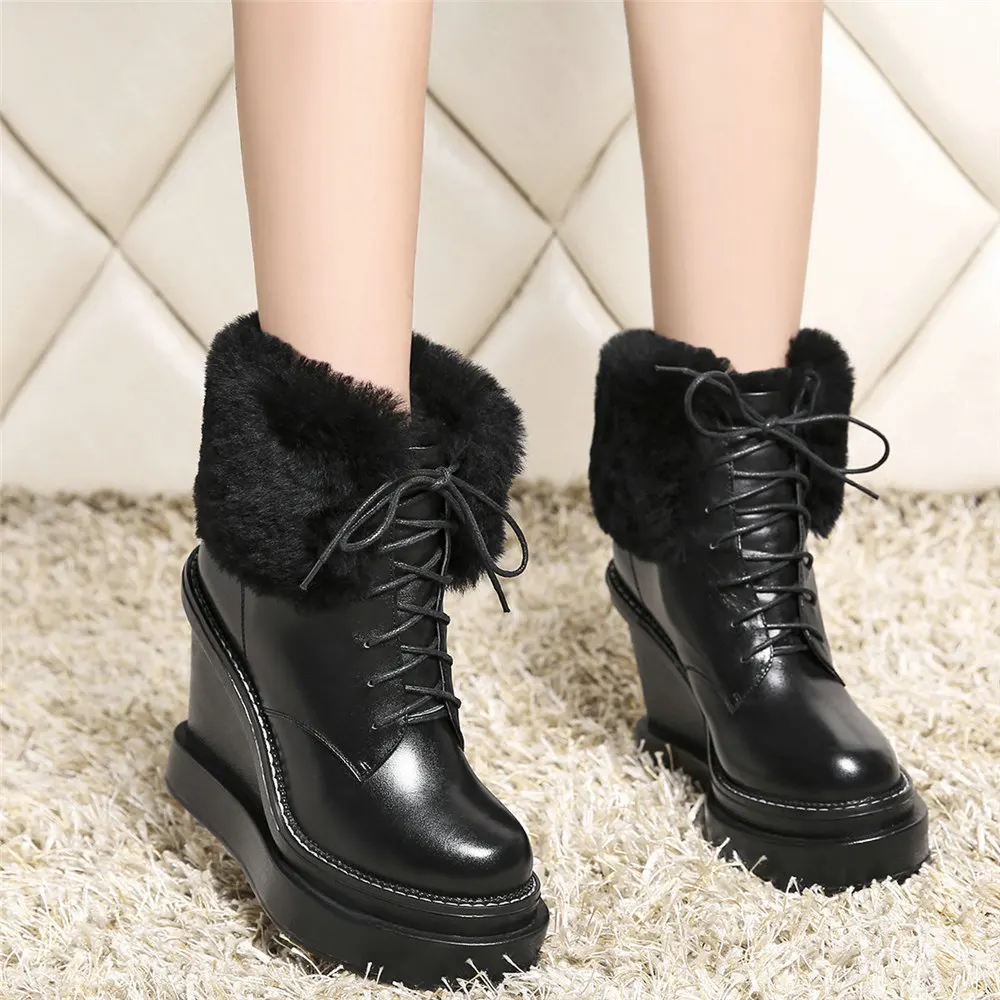 Winter Casual Shoes Women Lace Up Genuine Leather Wedges High Heel Snow Boots Female Round Toe Warm Rabbit Fur Fashion Sneakers