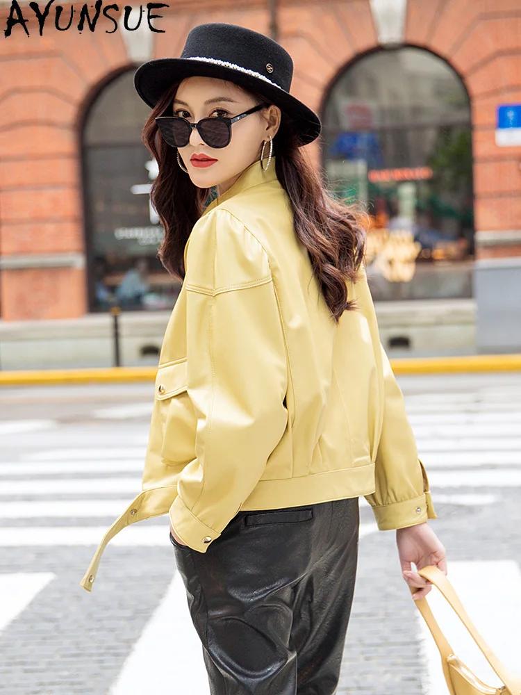 AYUNSUE High Quality Genuine Leather Jacket Women Yellow Real Sheepskin Coat Female Korean Clothes Coats and Jackets Women 2021