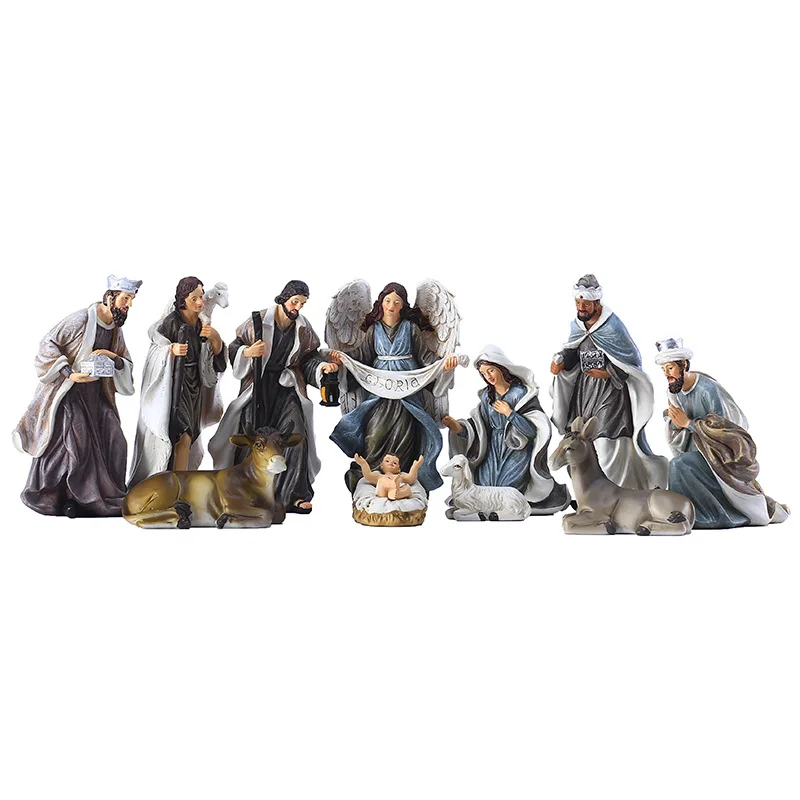 11Pcs/set Gray Catholic Nativity Manger Set Religious Ornaments Decoration Resin Crafts