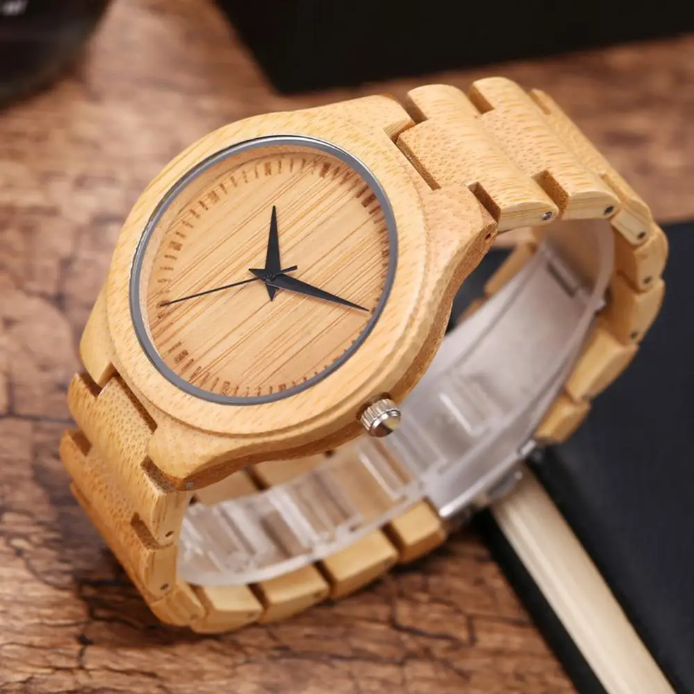 Reloj japonés para hombre, reloj de pulsera a la moda, esfera redonda, banda de bambú, cierre de mariposa, sin número, relojes de pulsera de cuarzo analógicos, reloj de regalo