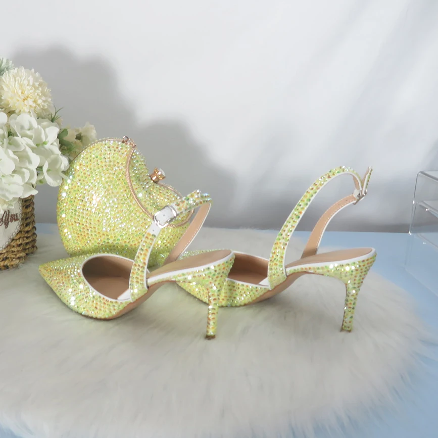 2022 New Arrival Heart  Yellow Bling Pointed Toe Wedding Shoes and bag Woman High Pumps Thin Heel Party Dress Shoes Slingbacks