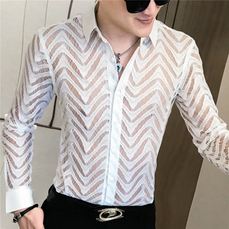 Stitching Striped Shirt Summer Men Transparent Lace Cutout Shirt Camisa Long Sleeve Slim Club Prom Party Shirt Social Masculina