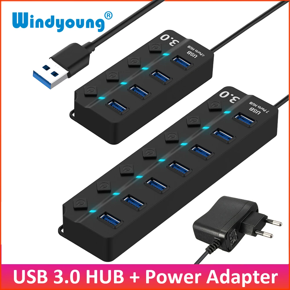 Usb 3.0 hub 4 / 7 portas super velocidade usb 3 hub de dados com interruptores de energia individual e ue/adaptador de energia eua/reino unido para macbook laptop pc