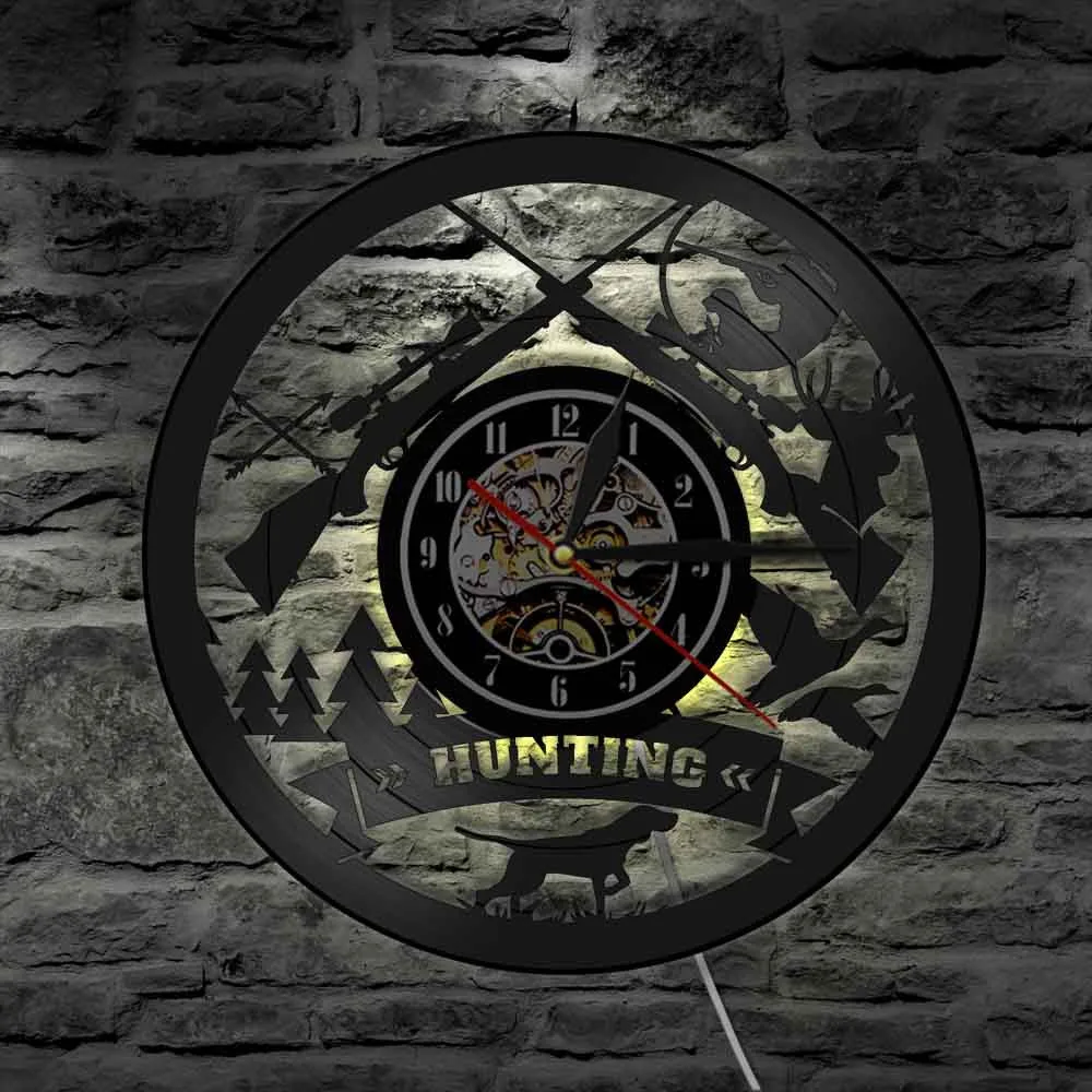 Hunting Sign Weapon Gun And Dog Adventure LED Light Vinyl Record Wall Clock Goose Flight Hunter Decor Watch LED Hanging Lamp