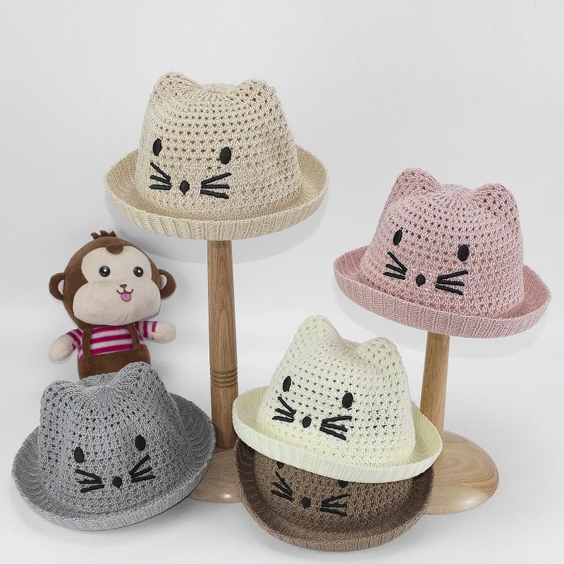 Child Summer Sunscreen Straw Knit Sun Fisherman Hat Boy Girl Imitation Raffia Embroidery Cartoon Cat Breathable Basin Cap R64