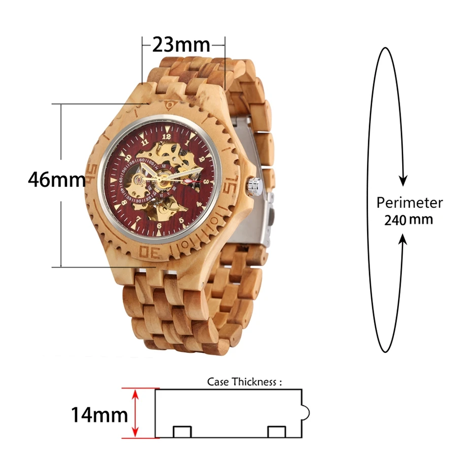 Men\'s Watch Top Luxury Mechanical Watch Automatic Red Skeleton Cherry Wood Clock Men Full Wooden Band Casual Wristwatch Retro