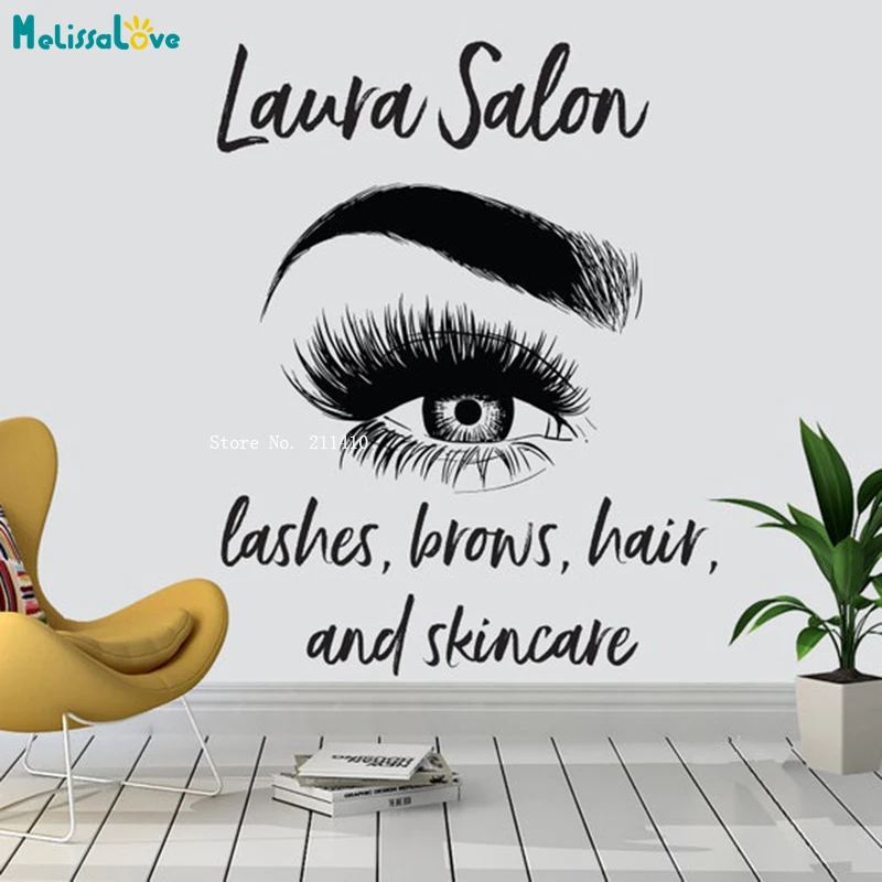 Custom Name Salon Wall Stickers Lashes Brows Hair and Skincare Vinyl Makeup Decor Extension Room Woman Decals YT5572