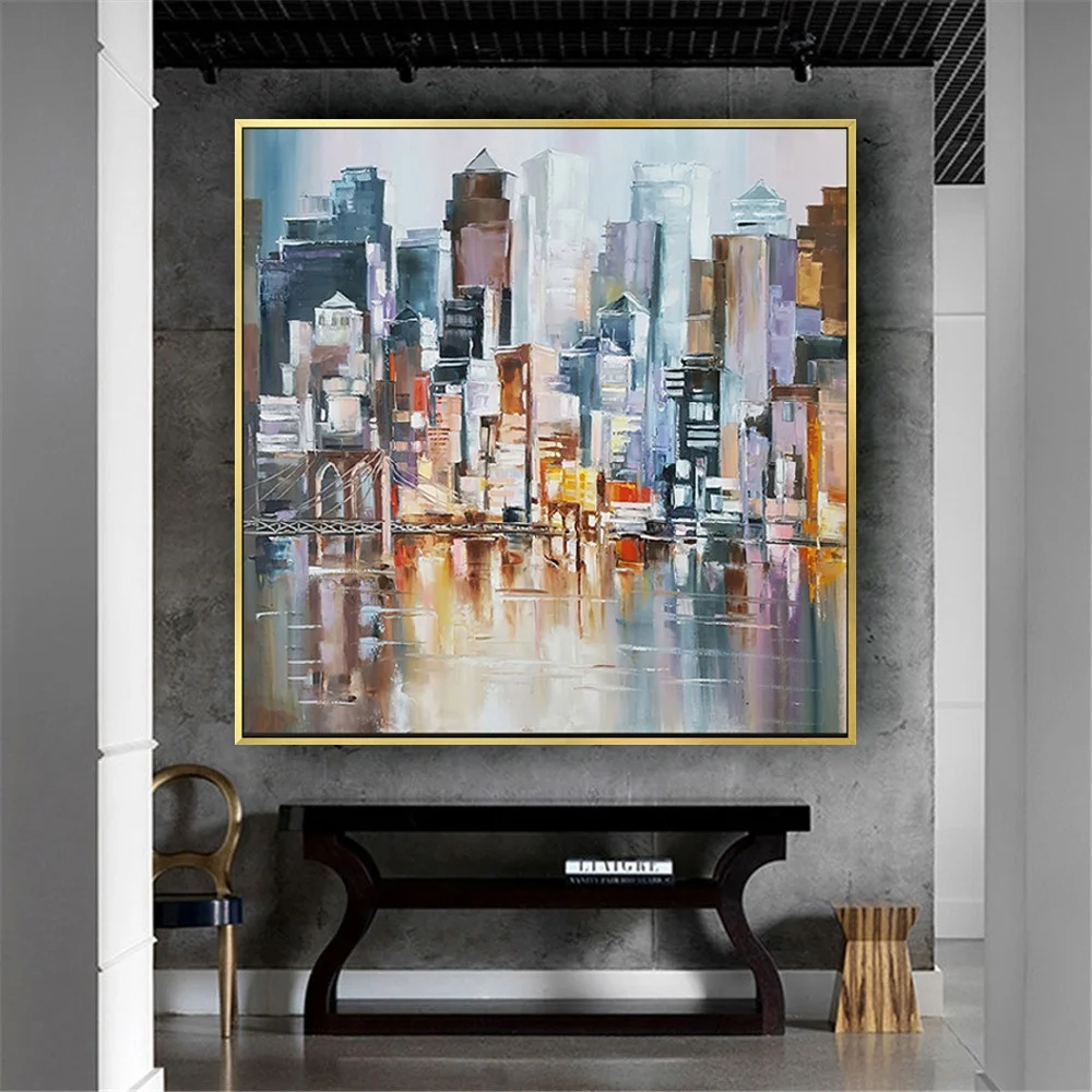 

Large New York Poster Handpainted City Building Oil Painting On Canvas Nordic Style Wall Art Picture For Modern Home Room Decor