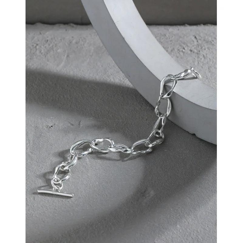 Korean ins niche design minimalist wild cold wind OT buckle chain texture S925 sterling silver bracelet female luxury jewelry