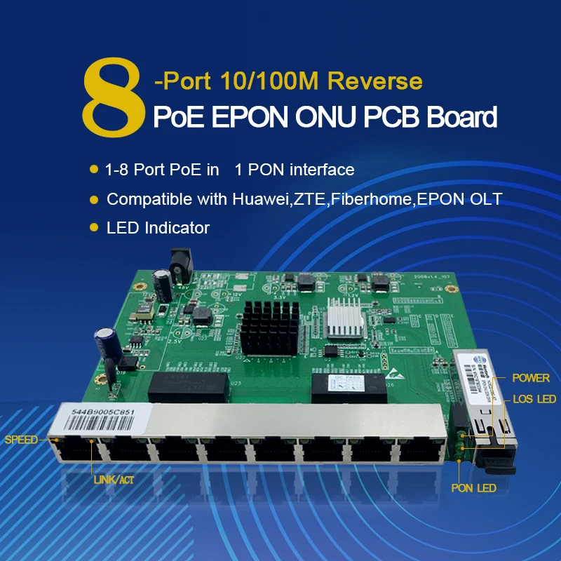 Reverse PoE EPON ONU 8FE Outdoor Application, surge Protection, RPOE, ONU 8 EPON ONU, PCBA