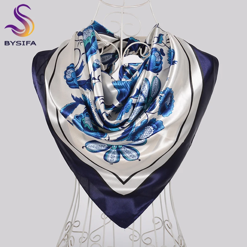 [BYSIFA] Chinese Style Blue White Silk Scarf Printed Women Fashion Accessories Neck Scarf Shawl 90cm Ladies Scarves Hijabs Red