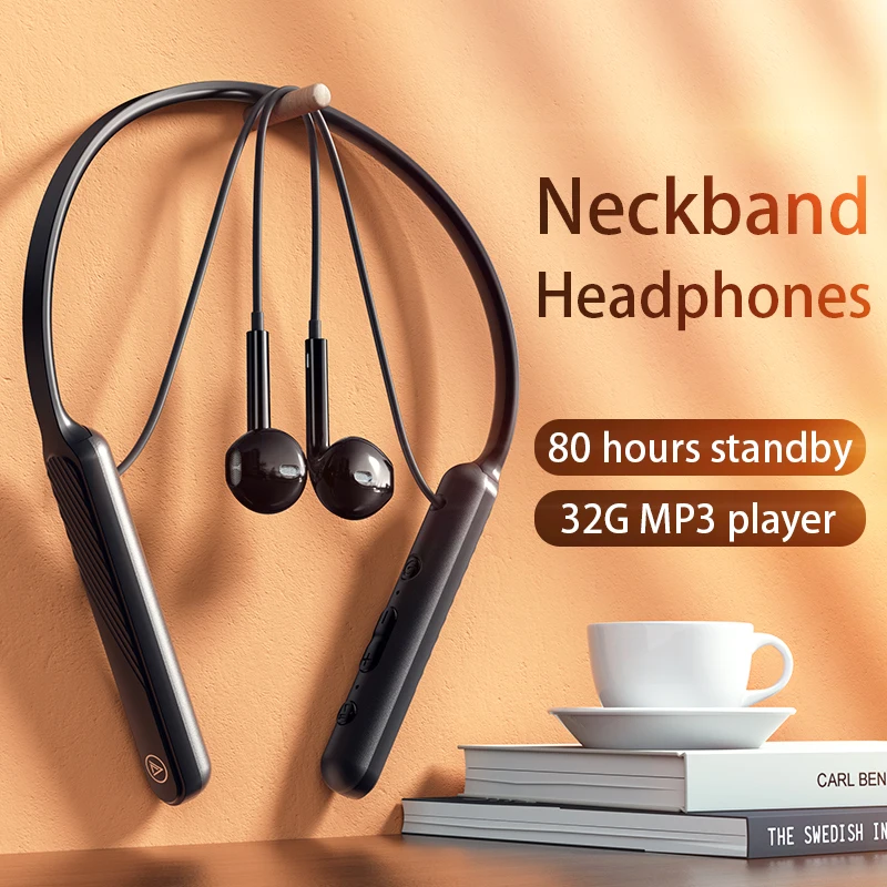 

Наушники с шейным ободом, Беспроводная Bluetooth-гарнитура, MP3 плеер, 80 часов работы в режиме ожидания, с микрофоном, спортивные наушники для Xiaomi, ...