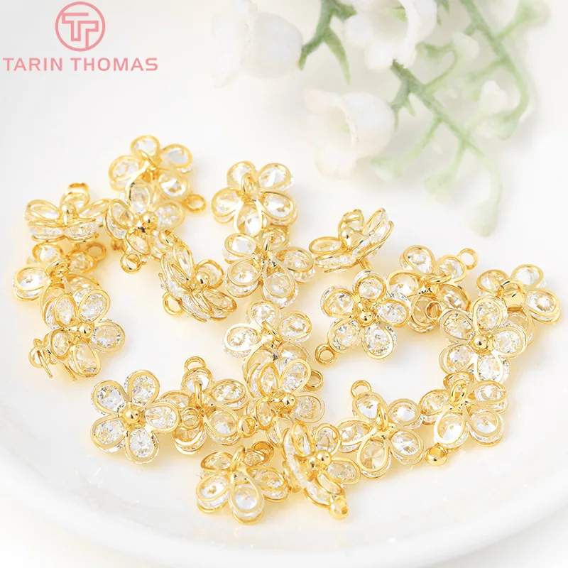 (1408)4PCS 10x12MM 24K Champagne Gold Color Plated Brass with Zircon flower Charms Pendants High Quality Diy Jewelry Accessories