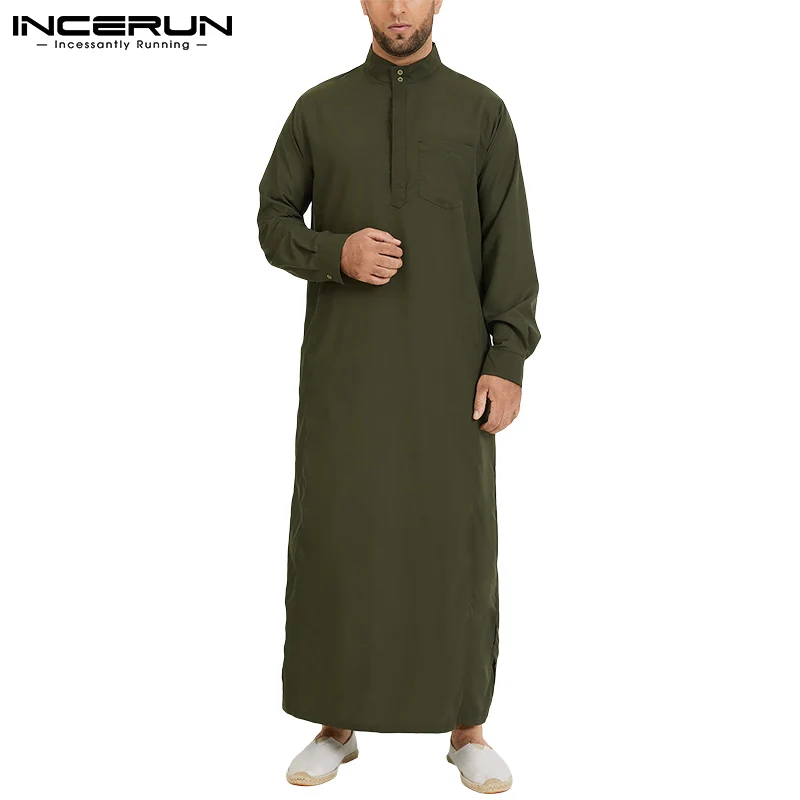 INCERUN Men Muslim Islamic Kaftan Arab Vintage Long Sleeve Men Thobe Robe Loose Dubai Saudi Arab Kaftan Men Clothing 2023 S-5XL