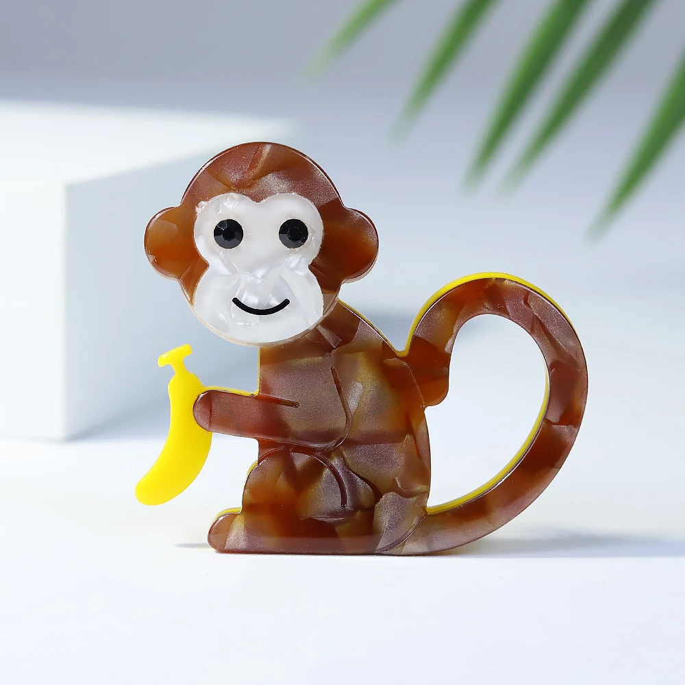 Vivid Lovely Handmade Arcylic Monkey Banana Brooches Women Unisex Long Tail Monkey Animal Party Casual Brooch Pins Gifts