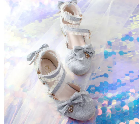 vintage round head thick heel women shoes cute lace bowknot kawaii shoes loli cosplay Japanese tea party sweet lolita shoes