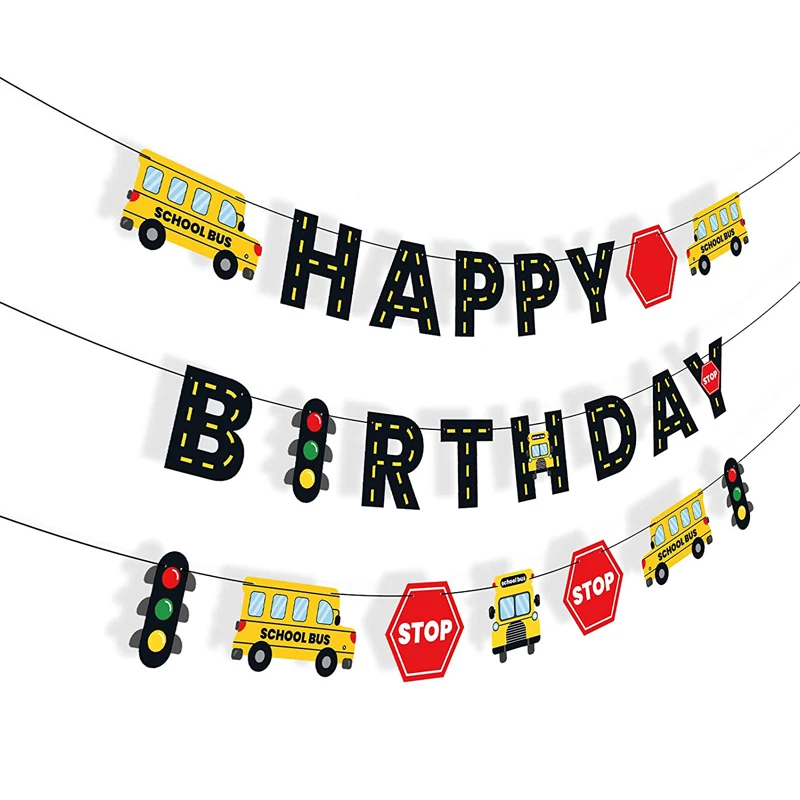 School bus themed children\'s birthday party decorations, happy Birthday banners