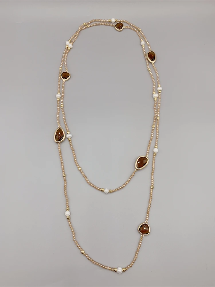 FoLisaUnique Irregular Shape Smokey Quartz Necklace For Women 5-6mm White Freshwater Pearls Hammered Gold Beads Long Necklace 2