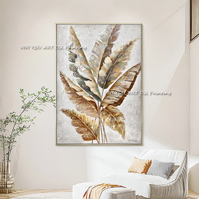 Hand‑Painted Tropical Banana Leaf Oil Painting, Thick Impasto Botanical Canvas Art, Neutral Boho Home Wall Decor