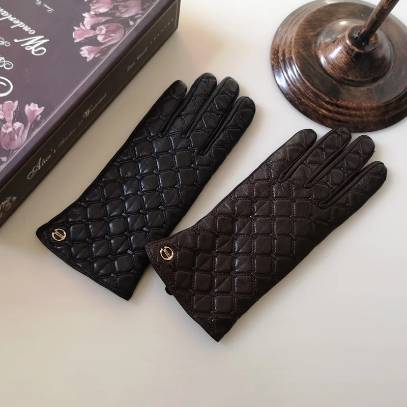 Imported High-End Women\'s Real Leather Gloves Thin Keep Warm Diamond Weave Sheepskin Gloves Spring Autumn EL037NN