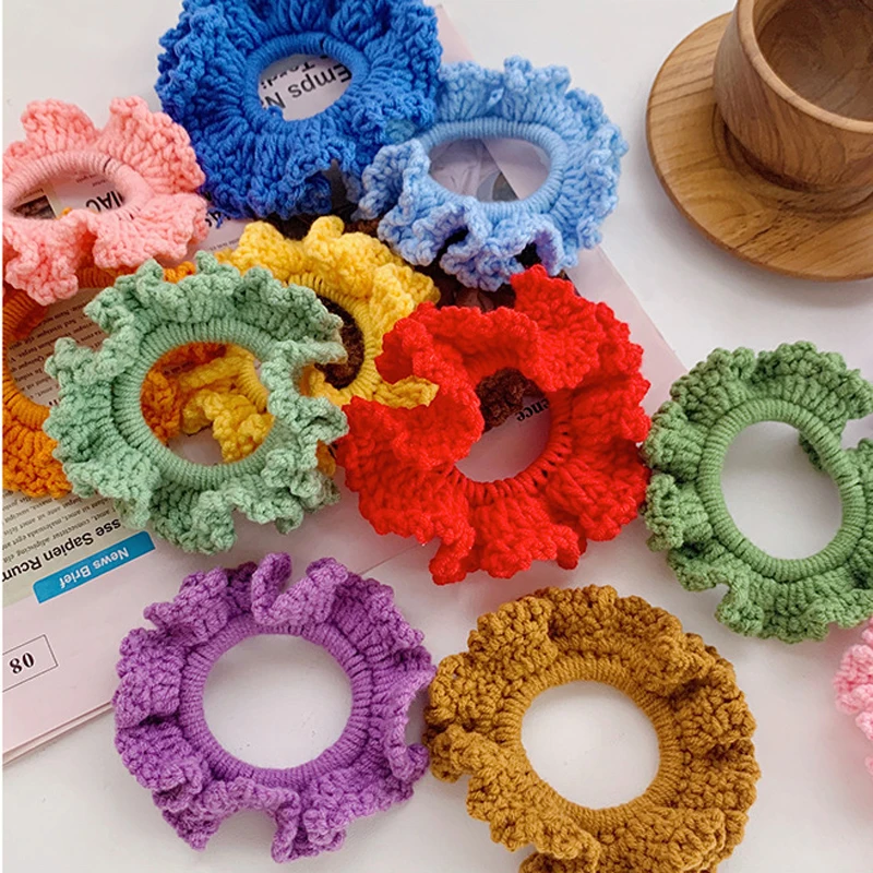 2020 New Crochet Scrunchies Solid Color Handmade Woolen Knitting Rubber Bands for Hair Tie Elstic Ring Hair Sccessories for Girl