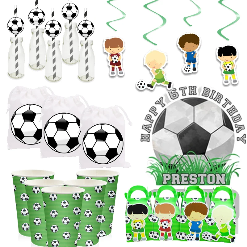 Soccer Football Theme Party Cake Topper Straws Paper Cups Favor Boxes Bags Hanging Decor Centerpiece Birthday Party Supplies