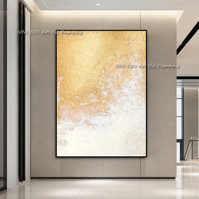 

100% ручная роспись, абстрактная чистая Золотая фольга, картина маслом, современное настенное искусство, картина для гостиной, украшение для дома, Золотая картина