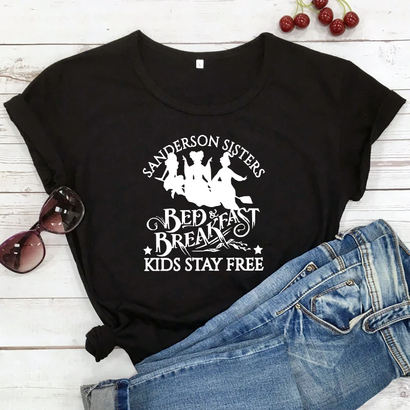 Funny Women Halloween Party Gift Tshirt Witch Woman Graphic Tee Shirt Top Bed & Breakfast Kids Stay Free T-shirt