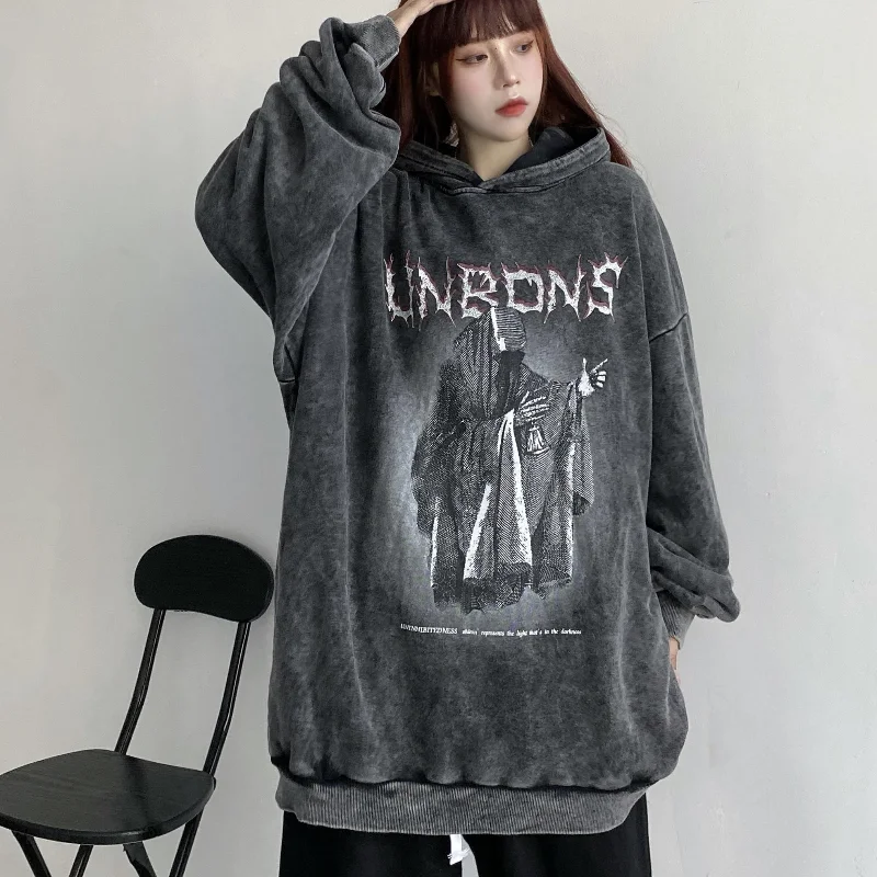 HOUZHOU Gothic Women Hoodie Aesthetic Vintage Dark Clothes Autumn 2021 Long Sleeve Thin Sweatshirt Oversized Y2k Streetwear