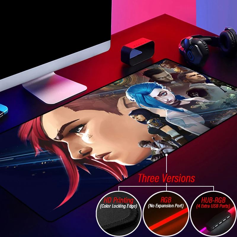 Imagem -04 - Liga das Lendas Rgb Lol Gaming Mouse Pad Jinx Caitlyn vi Personalizado Mousepad Led Backlit Esteira de Arcane com Hub 4in1 Usb Acessórios