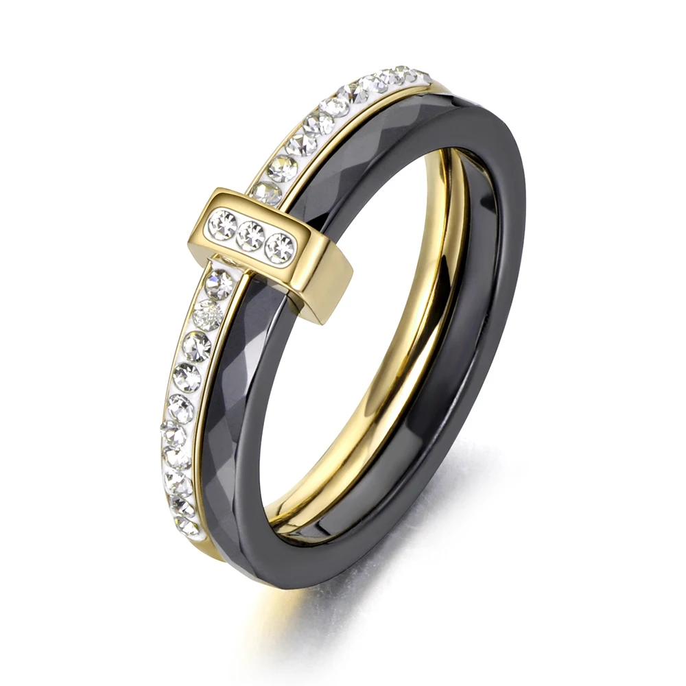 JeeMango 2 Schichten schwarz/weiß Keramik Kristall Eheringe Roségold Farbe Edelstahl Strass Verlobungsring JR18054