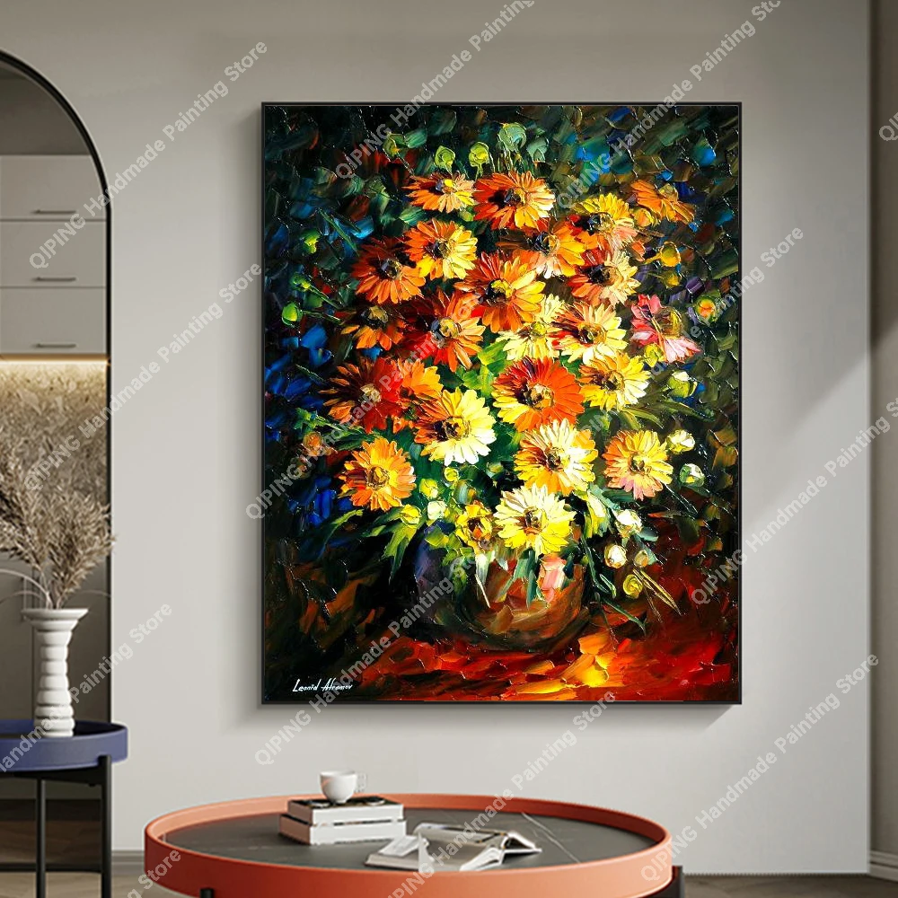 

Hand-painted Warm Color Flower Oil Painting Handmade Canvas Wall Art Modern Heavy Texture Oil Painting for Livingroom Decoration