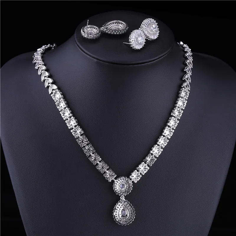 HUAMI Luxury 2pcs Bridal Jewelry Sets Wedding Banquet Silver Color Women Costume Accessories Drop Earrings and Necklace Sets