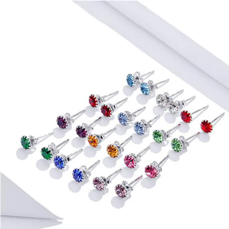 2020 Birth Stone AAA Cubic Zircon Stud Earring 925 Sterling Silver Birthstone Ear Stud April Gifts Silver Jewelry