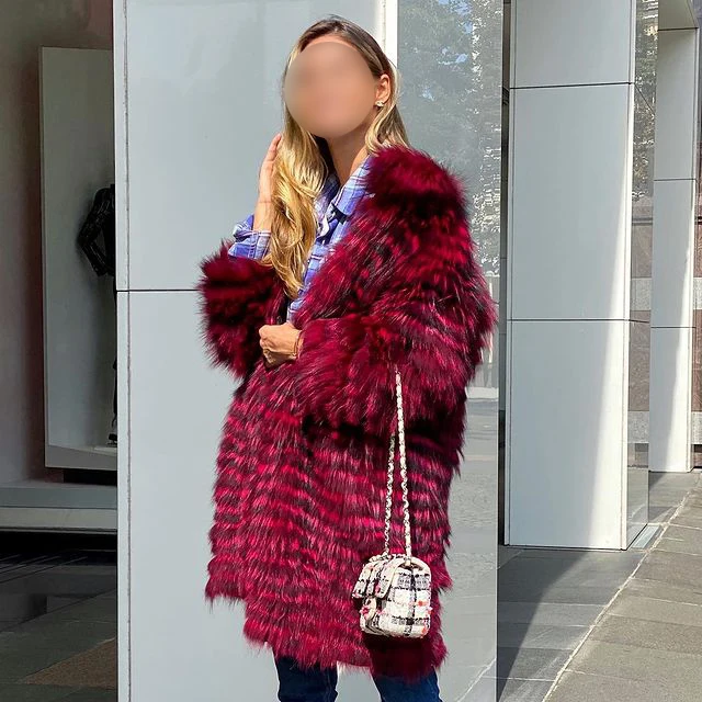 Women's Striped Real Silver Fox Fur Coat, Long Cardigen with Wool Lining, Big Size Clothes, Elegant Outwear, Spring, Lux18A09164