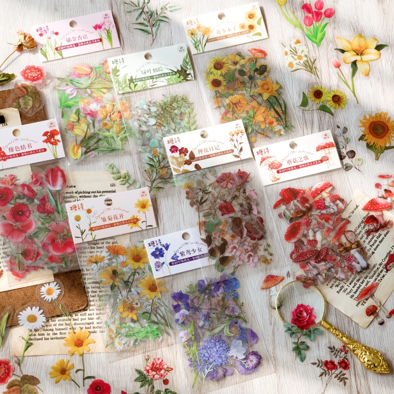 40 Pcs Watercolor Vintage Flower Plant Stickers Decals For Laptop Scrapbooking Journal Planner Card Making