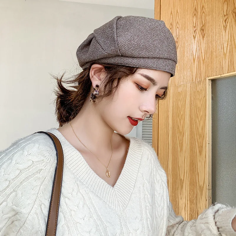 Hot Women Wool beret For Elegant lady Winter Female Cotton Hats Plaid Vintage Octagonal Casual boina Autumn girl Cap