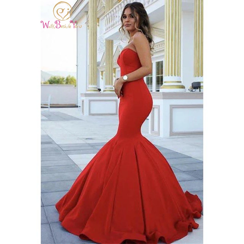 Walk Beside You Red Chic Evening Dresses 2024 Strapless Sleeveless Sweetheart Mermaid Satin Floor length Sweep Train Backless