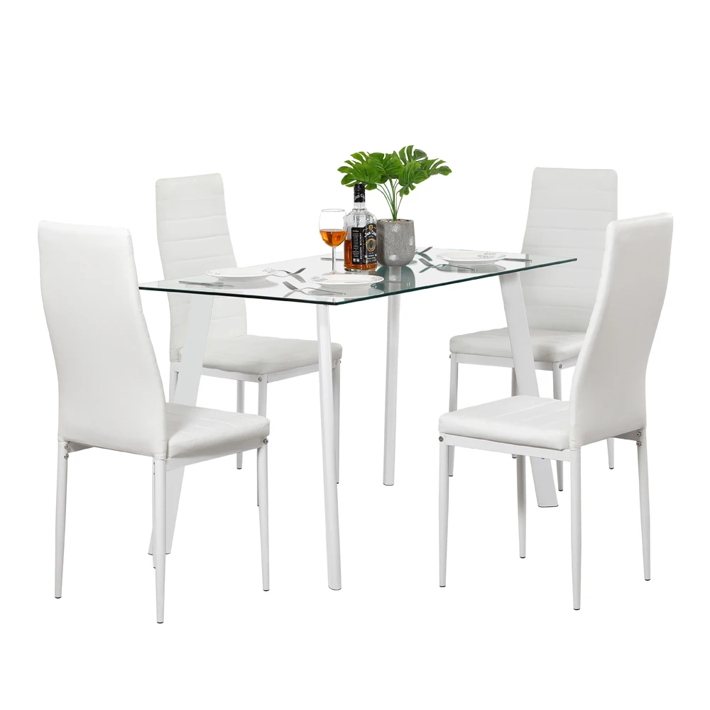 (120x70x75)cm Hot 5 Piece Dining Table Set 4 Chairs Glass Metal Kitchen Room Furniture White