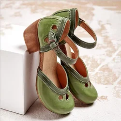 Women Summer Shoes Mid Heel Hollow Out Casual Sandals Elegant Retro Ladies Pumps Ankle Color Block Buckle Straps Female Sandals