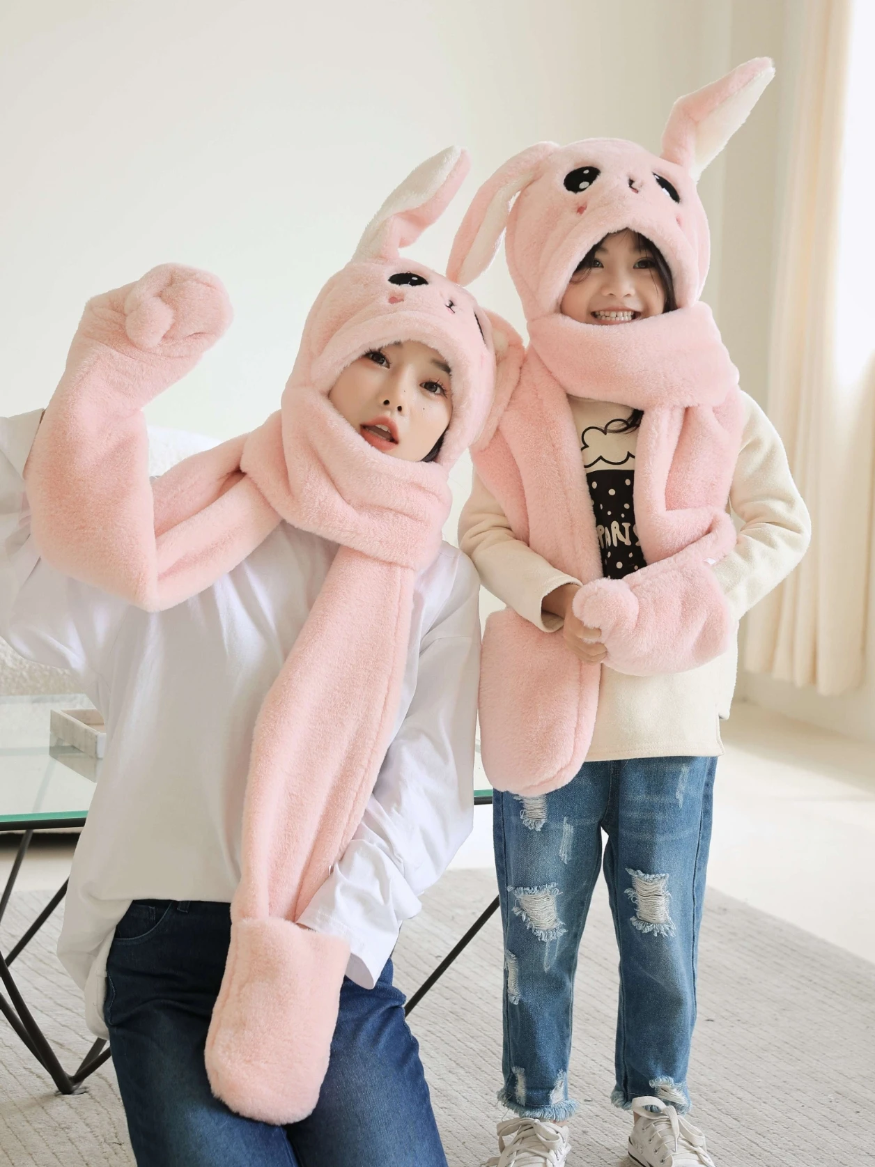 Imitation Rabbit Fur Thickened Hat Winter Warm and Cute Moving Rabbit Ears Adult Parent-Child Children's Scarf Gloves