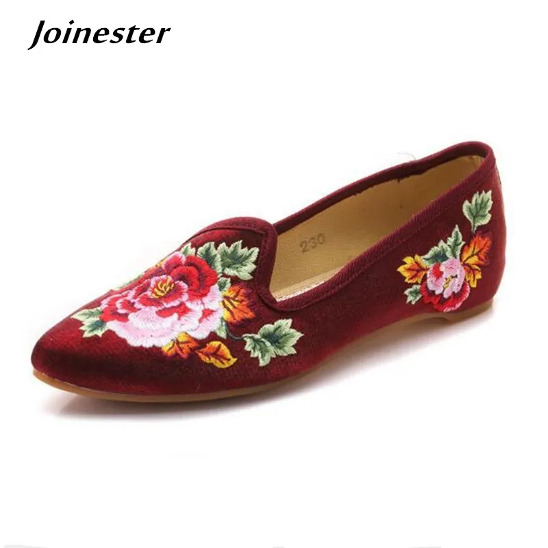 Autumn Women Pointed Toe Loafers Floral Embroider Ladies Flats Slip-On Ethnic Walking Shoes Canvas Woman Moccasins Dress Shoe