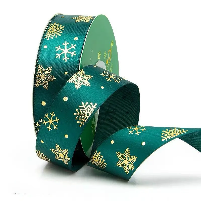 2.5cm 5Y Christmas Snowflakes Stars Gold Foil Printed Satin Ribbon For Handmade DIY Craft Party Wedding Gift Floral Packing