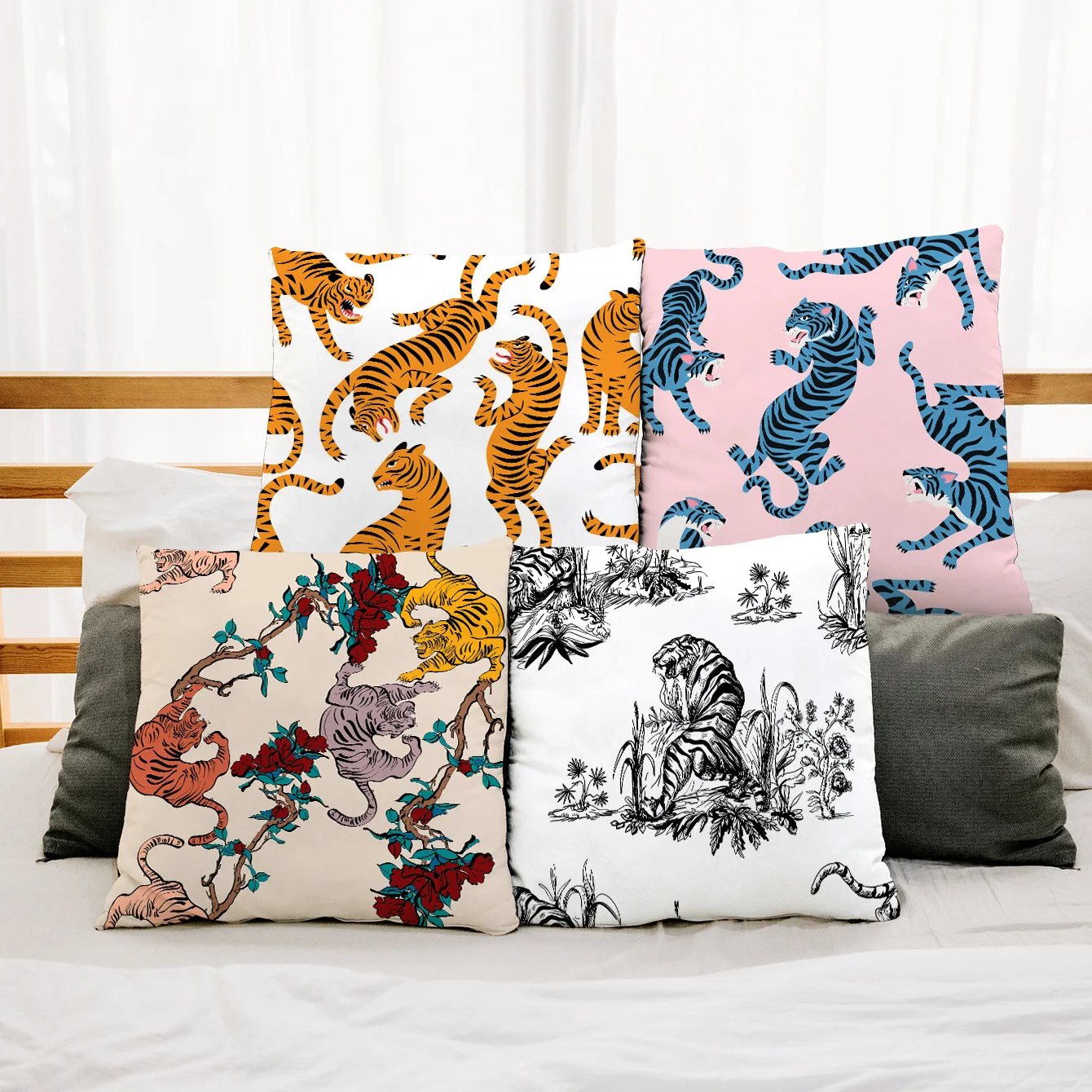 New Jungle Tigers Cushion Covers Modern Nordic Simple Pillowcase Hand Painted Cartoon Tigers Sofa Couch Throw Pillows Decor Home